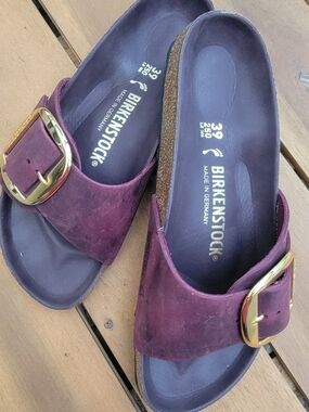 Birkenstock Women’s Plum Suede Single-Strap Slide Sandals with Gold Buckles